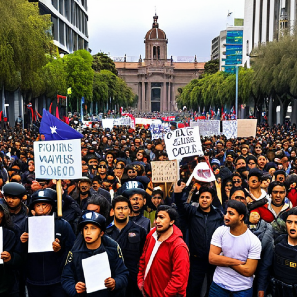 A vibrant street scene in Santiago, Chile, during a protest. Depict a diverse crowd holding signs and banners expressing discontent with economic inequality. In the background, show government buildings with a strong police presence. Capture the energy and passion of the social movement.