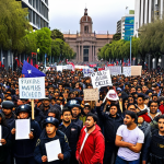 A vibrant street scene in Santiago, Chile, during a protest. Depict a diverse crowd holding signs and banners expressing discontent with economic inequality. In the background, show government buildings with a strong police presence. Capture the energy and passion of the social movement.