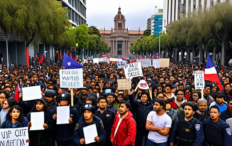 A vibrant street scene in Santiago, Chile, during a protest. Depict a diverse crowd holding signs and banners expressing discontent with economic inequality. In the background, show government buildings with a strong police presence. Capture the energy and passion of the social movement.