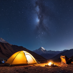 **Image:** A serene campsite in Elqui Valley under a breathtakingly clear, star-filled night sky. A telescope is set up, and warm light spills from a tent, suggesting stargazing activities. In the background, the silhouette of the Andes mountains can be seen.