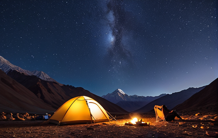 **Image:** A serene campsite in Elqui Valley under a breathtakingly clear, star-filled night sky. A telescope is set up, and warm light spills from a tent, suggesting stargazing activities. In the background, the silhouette of the Andes mountains can be seen.